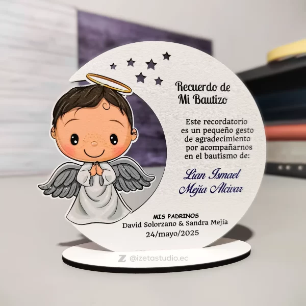 Ángel con media luna, recuerdo mdf para bautizo