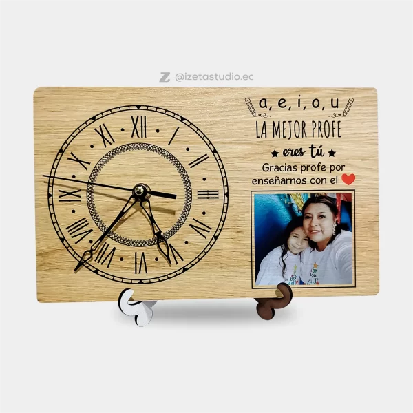 Reloj de escritorio con frase y foto para profesora